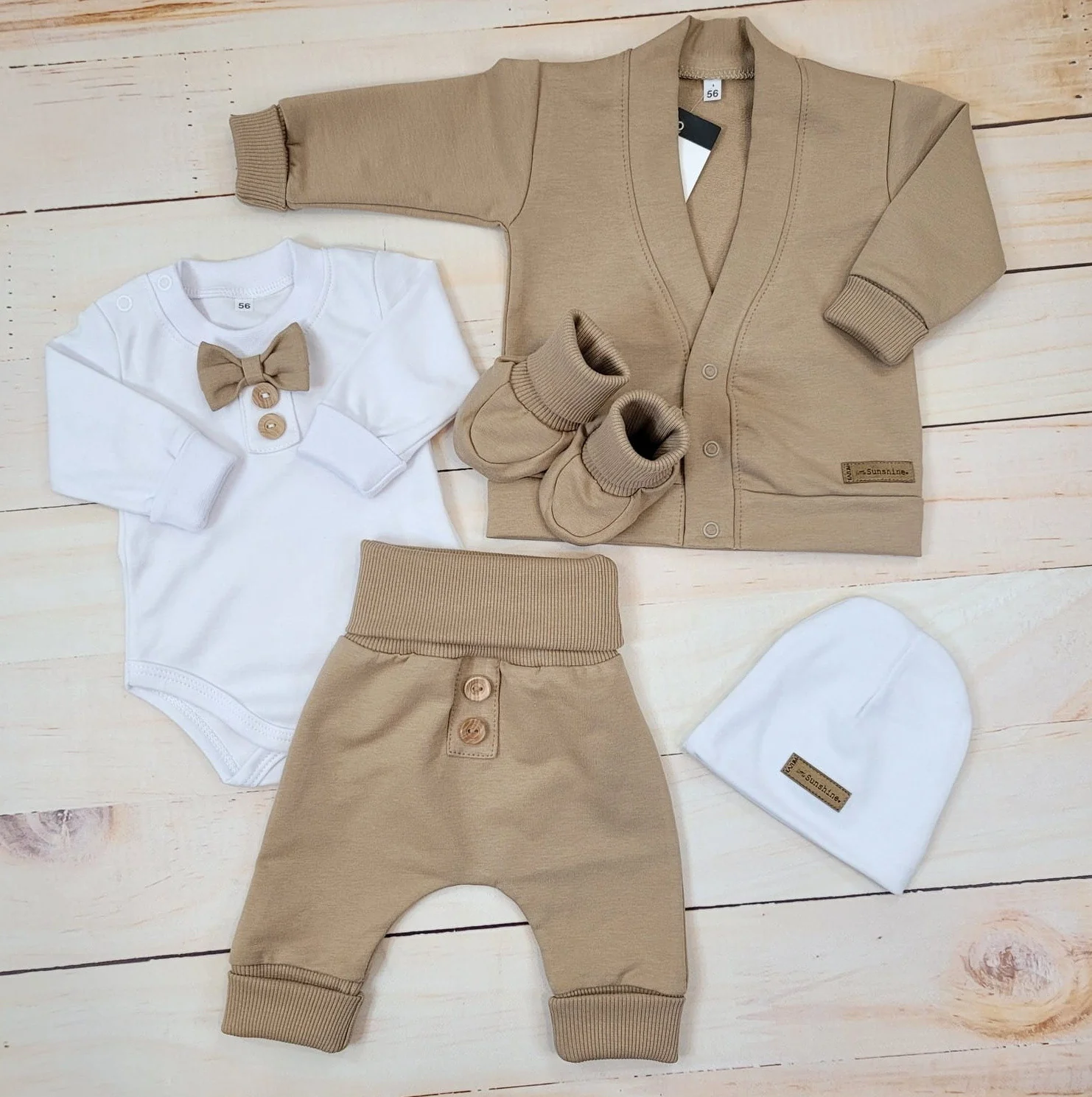 Kazum Bavlněná sada, body, kalhoty, motýlek a čepice Elegant Boy 5D, , mocca/bílá