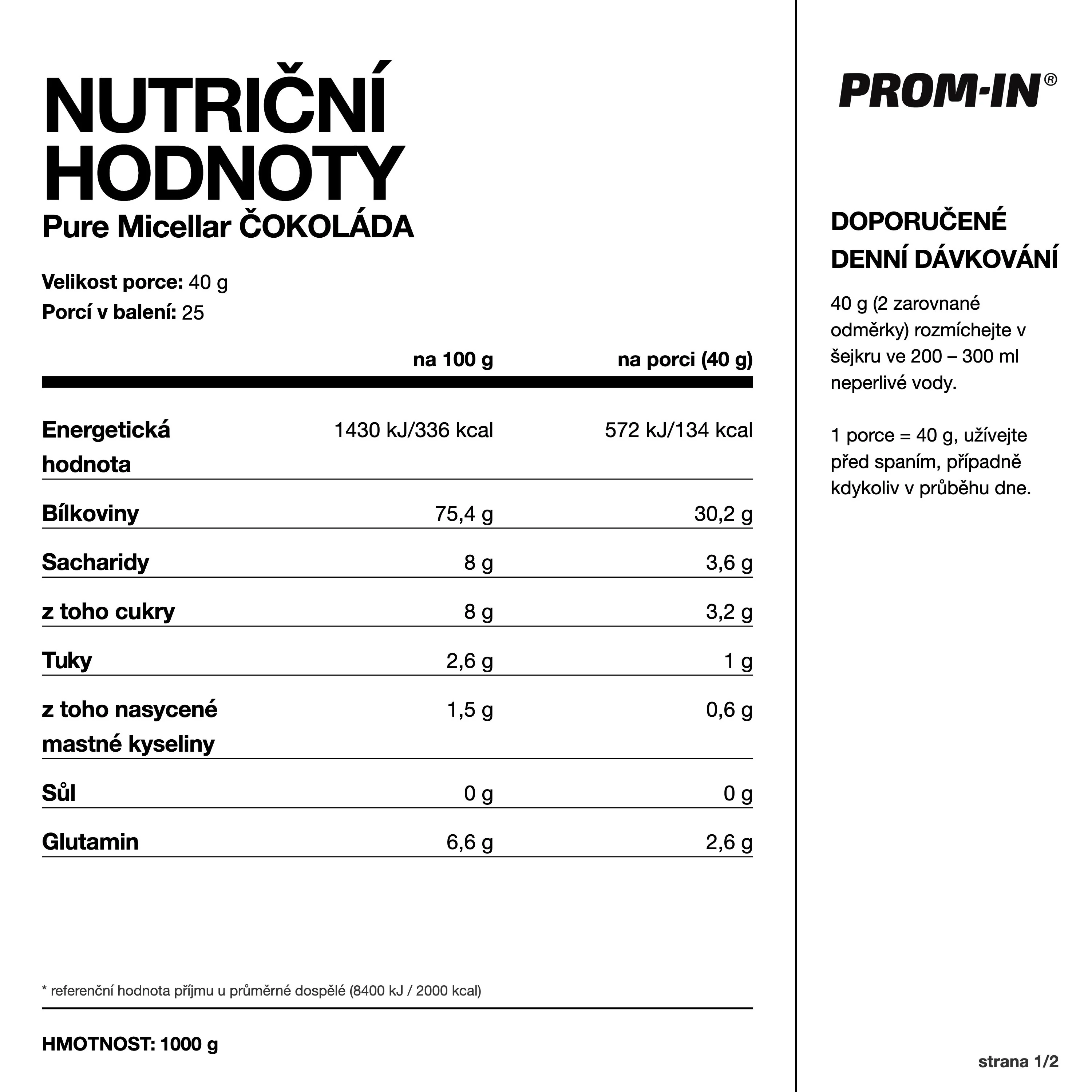 PROM-IN Pure Micellar Čokoláda 1000 g