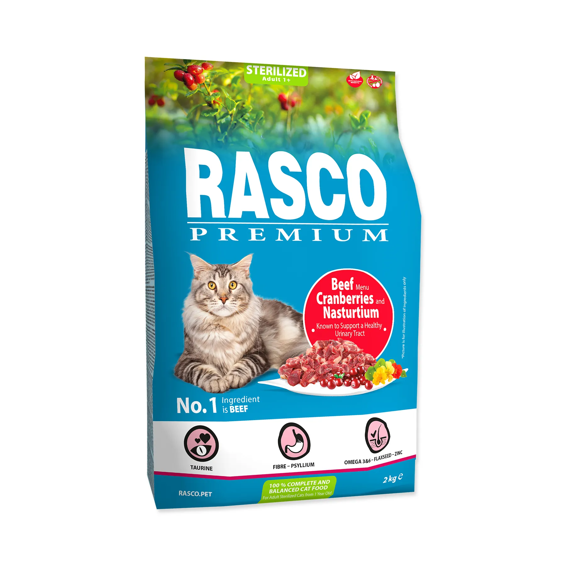 Rasco Premium Sterilized Hovězí s brusinkou a lichořeřišnicí granule 2 kg