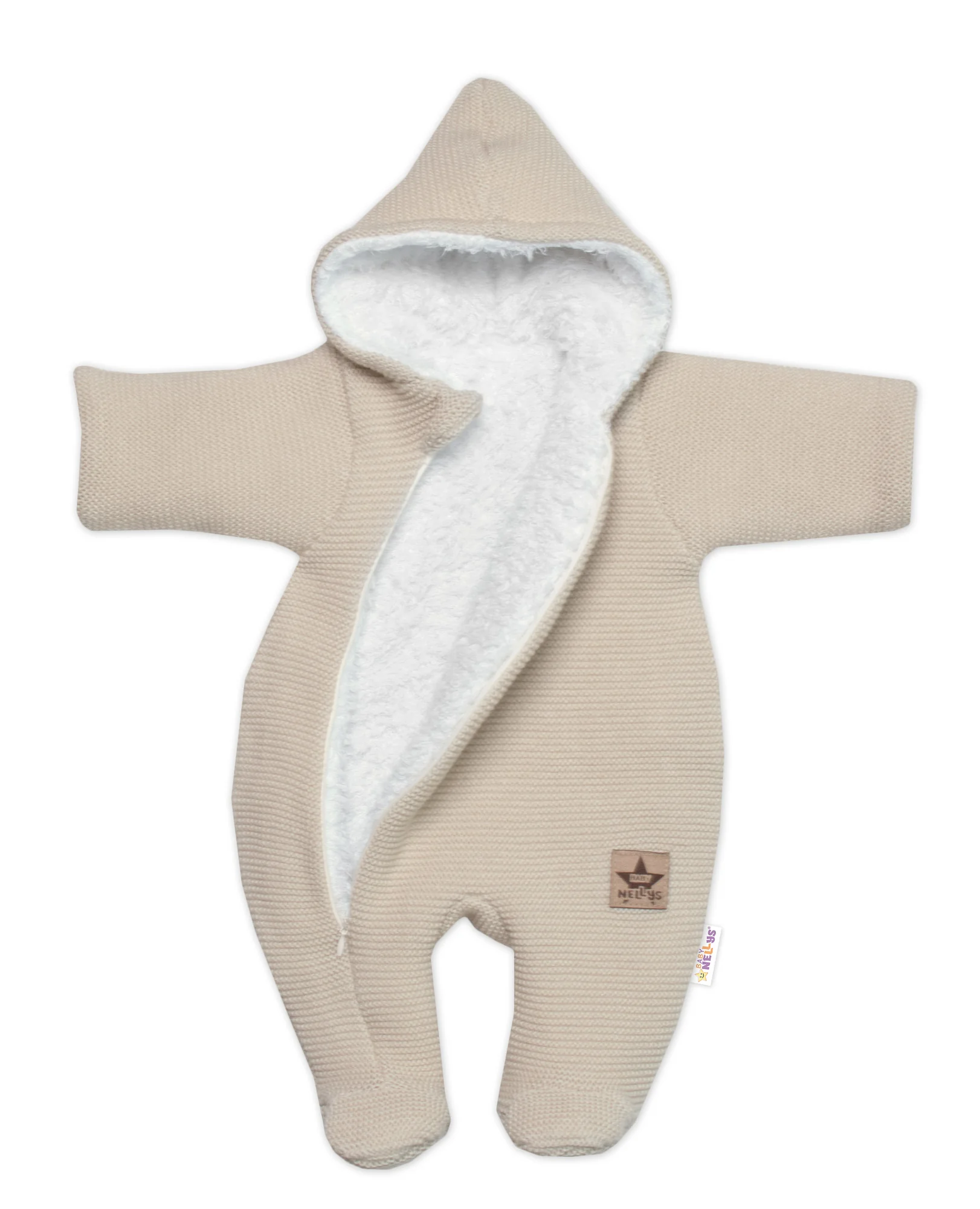 Baby Nellys Zimní pletená kombinézka/overálek s kapucí béžová, capuccino