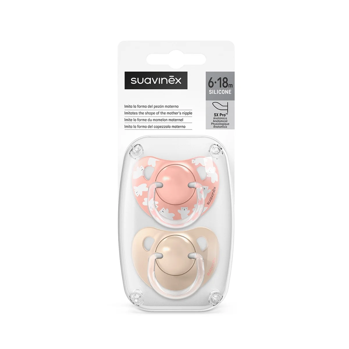 Suavinex Dudlík anatomický silikonový WILD 6-18m 2 ks růžový