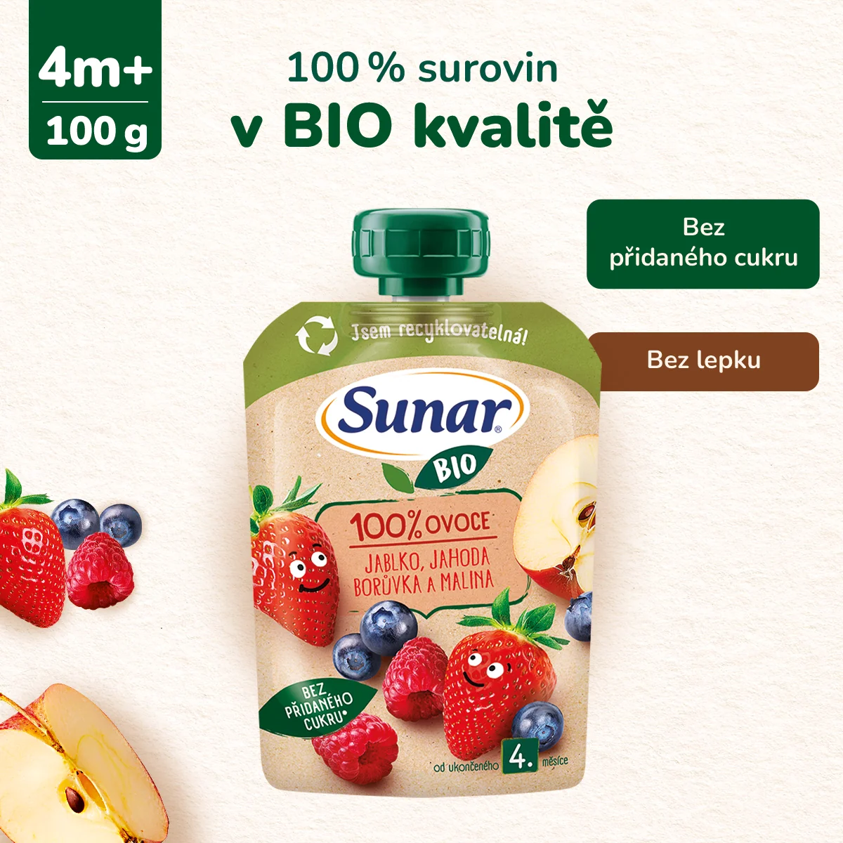 Sunar BIO Jablko, jahoda, borůvka, malina 4m+ kapsička 100 g