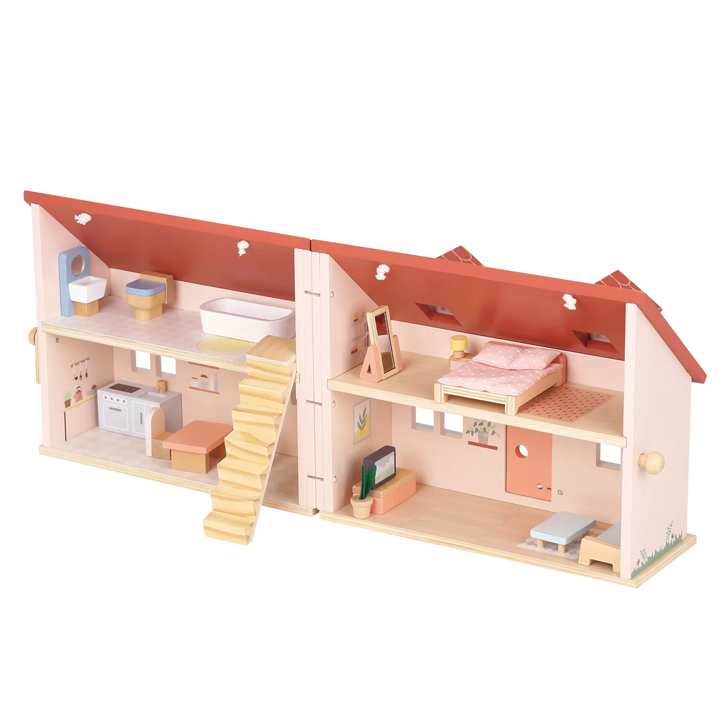 New Classic Toys Rozkládací dřevěný dům pro panenky s nábytkem