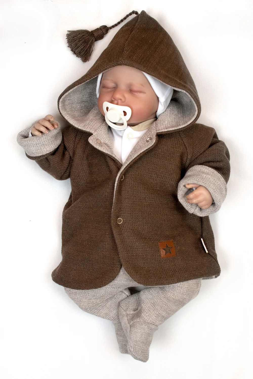 Baby Nellys Pletený  kabátek/bundička s kapucí Star, oboustranný - hnědý, béžový, vel. 62 