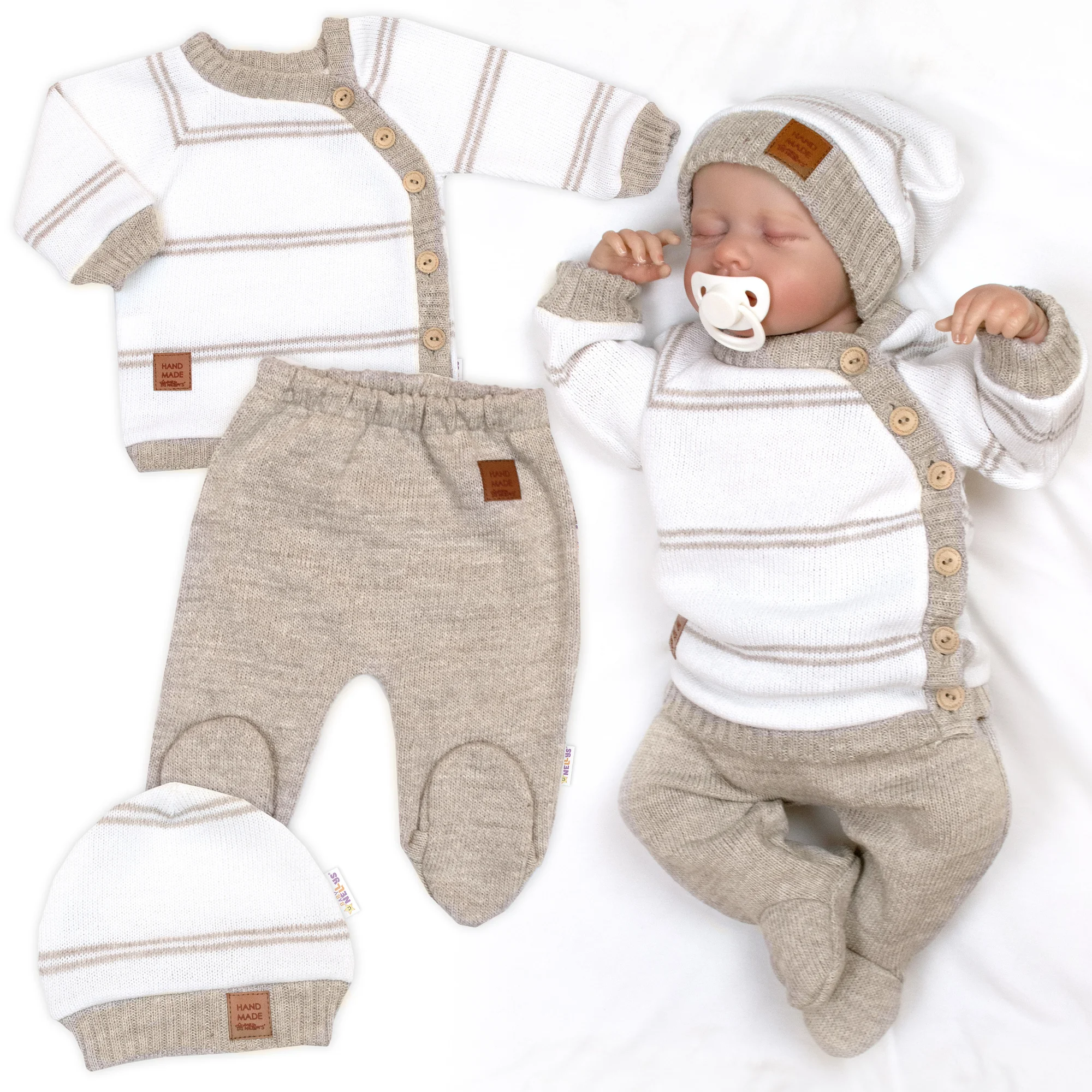 Baby Nellys Pletená sada pro miminko s jemným proužkem 3D, lux - béžová, bílá, vel. 68 vel.  68