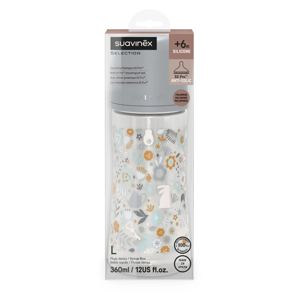 Suavinex Wonderland Kojenecká láhev průtok L 6m+ 360 ml 1 ks liberty modrá