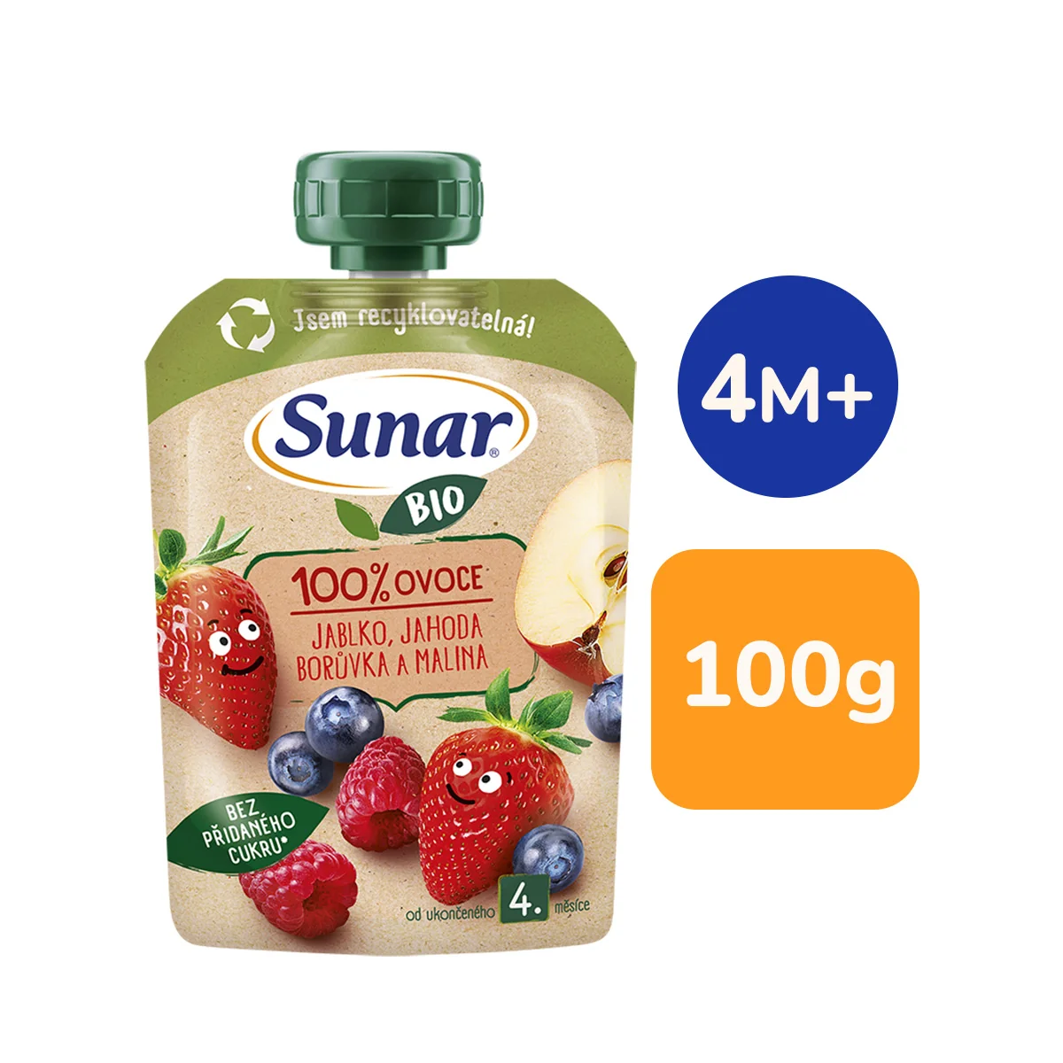 Sunar BIO Jablko, jahoda, borůvka, malina 4m+ kapsička 100 g