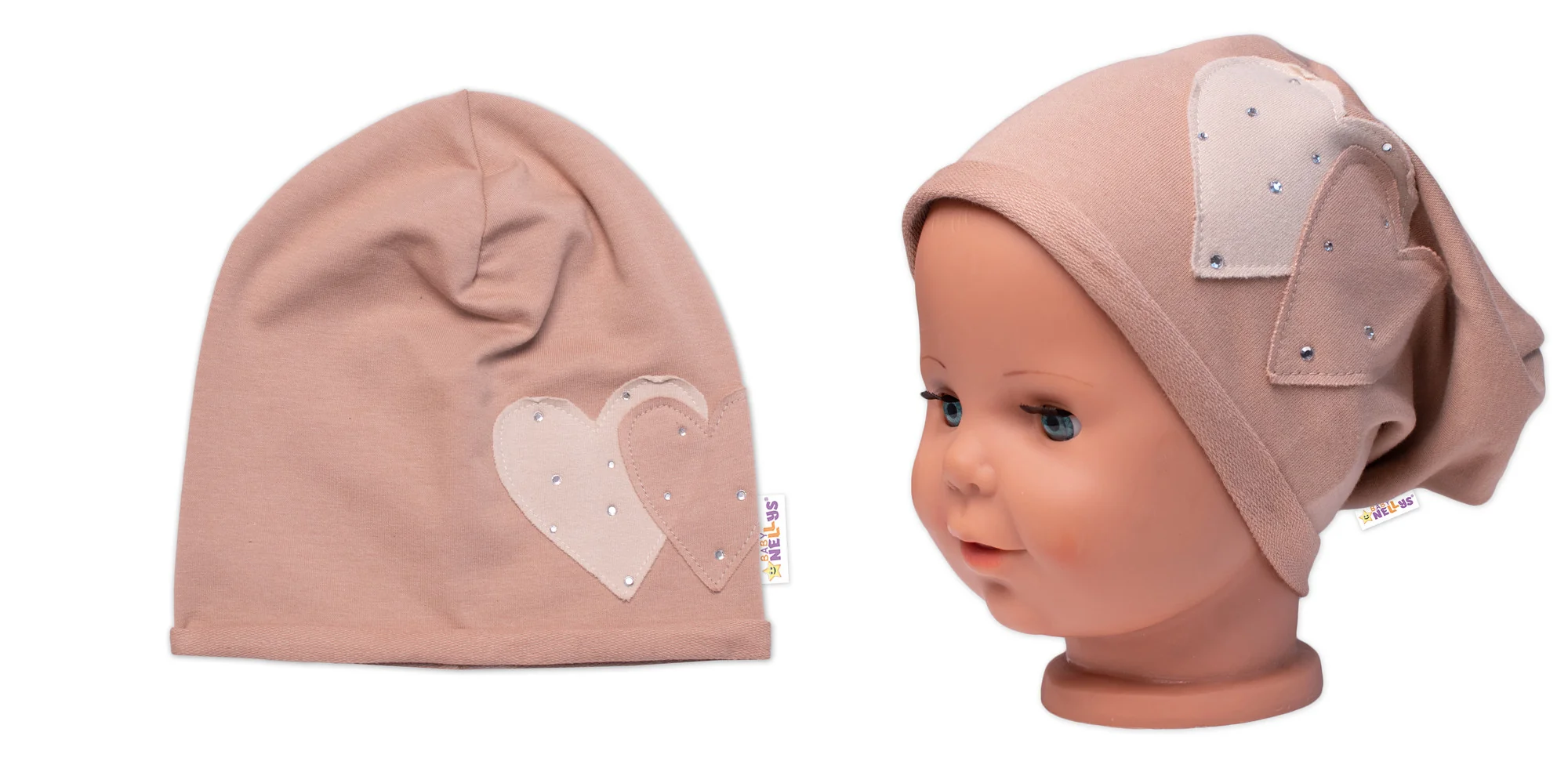 Baby Nellys Dětská čepice bavlna, Srdíčka s kamínky, cappuccino vel. 92/98