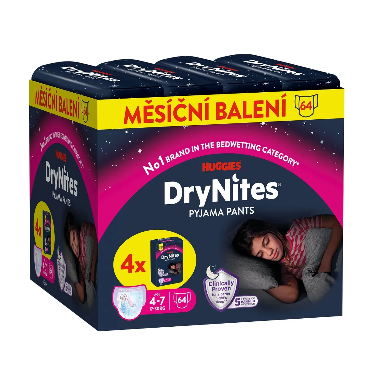 HUGGIES DryNites Natahovací kalhotky pro dívky 4–7 let 17–30 kg JUMBO 4x16 ks