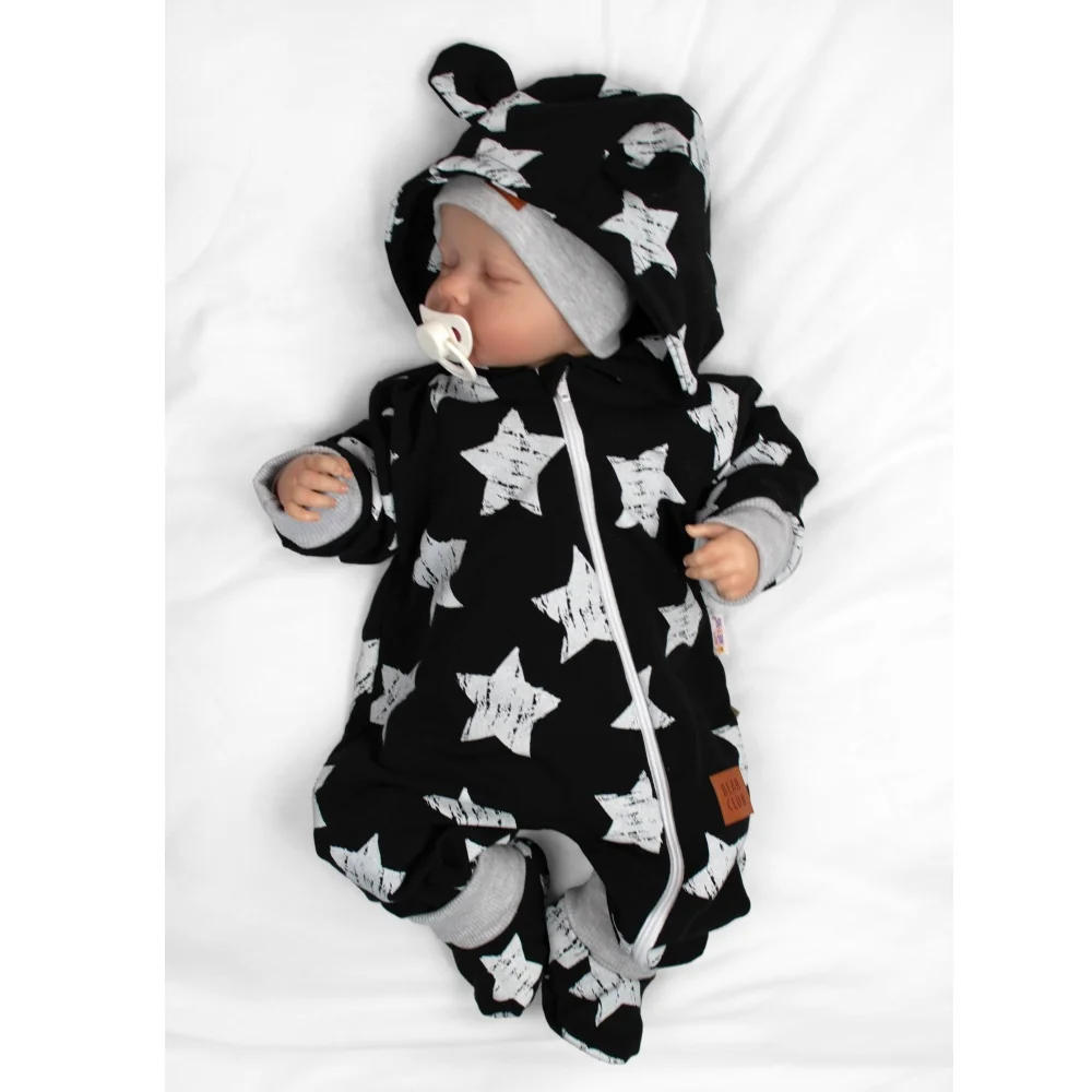 Baby Nellys Rostoucí teplákový overal, čepice, botky, 3D, Nature Star - černý, 80/86