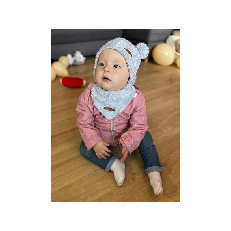 New Baby Zimní kojenecká čepička s šátkem na krk Teddy bear šedo růžová, vel. 74 (6-9m)