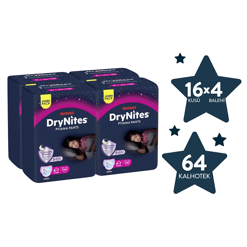 Huggies DryNites Natahovací kalhotky pro dívky 4–7 let 17–30 kg JUMBO 4x16 ks