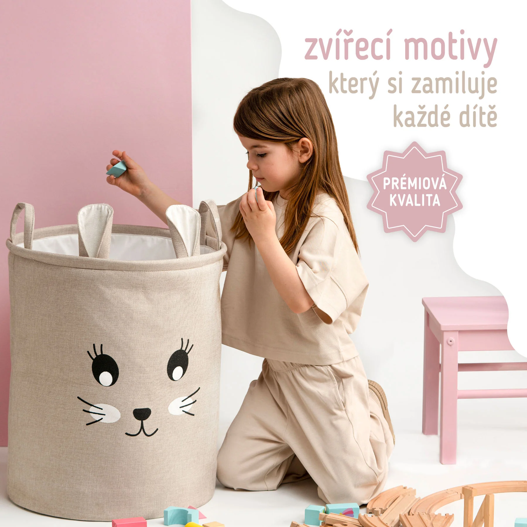SIPO Koš na hračky XL se šňůrkou, skládací bavlněný / 63 l, Rabbit
