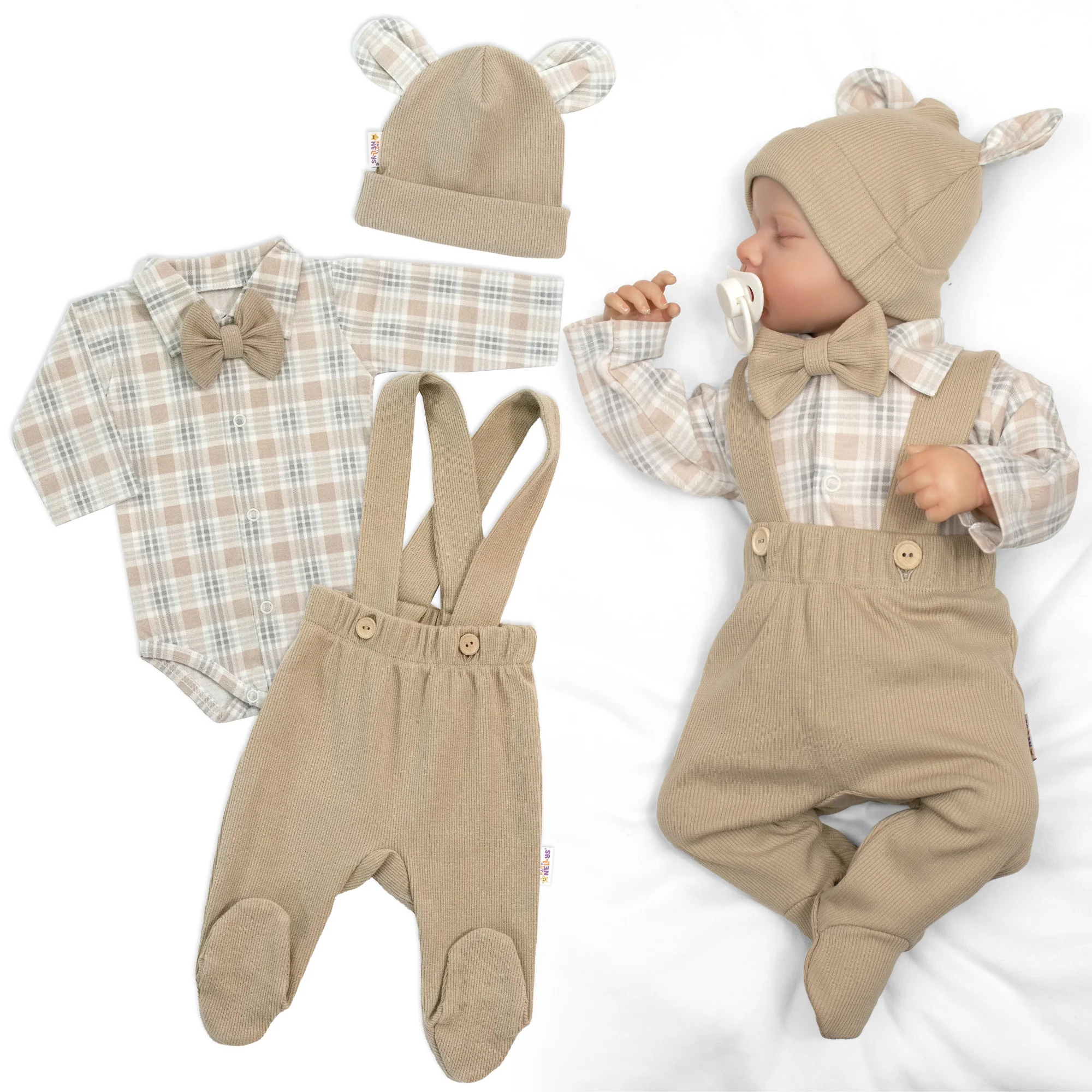 Baby Nellys Bavlněná souprava Gentleman 3D, body, polodupačky, čepička, béžová/kostička