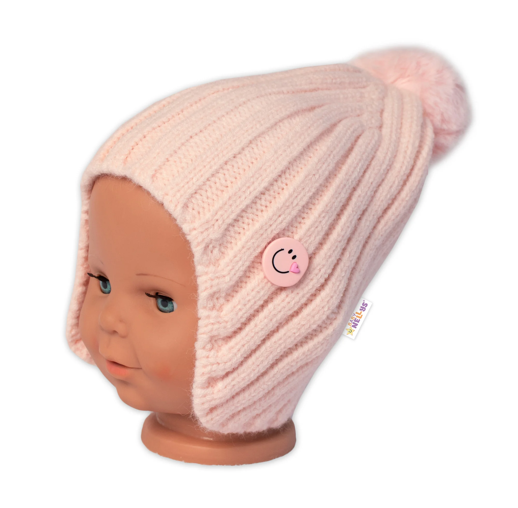 Baby Nellys Dětská zimní čepice s bambulí Smile, pudrově růžová vel. 48-54 cm
