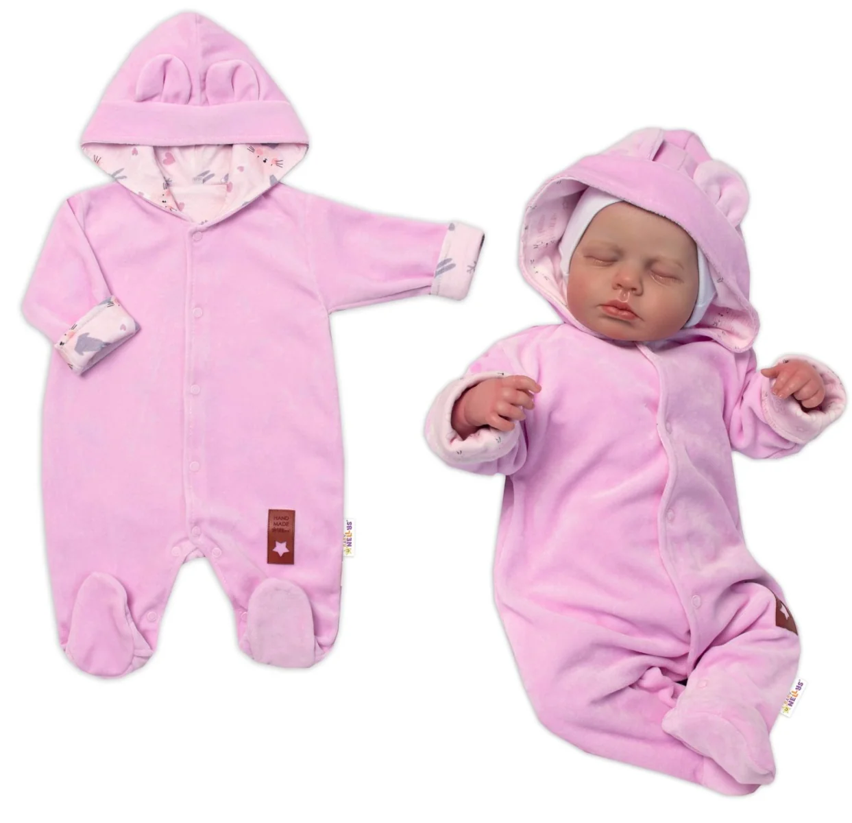 Baby Nellys Semiškový, velurový overal s kapucí Baby Nellys Bunny II., růžový, vel. 86