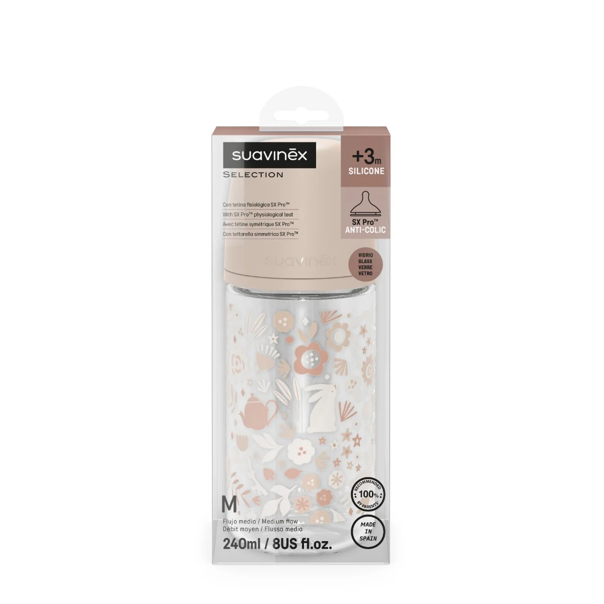 Suavinex Wonderland Skleněná láhev fyziologická SX PRO průtok M 3m+ 240 ml 1 ks liberty růžová