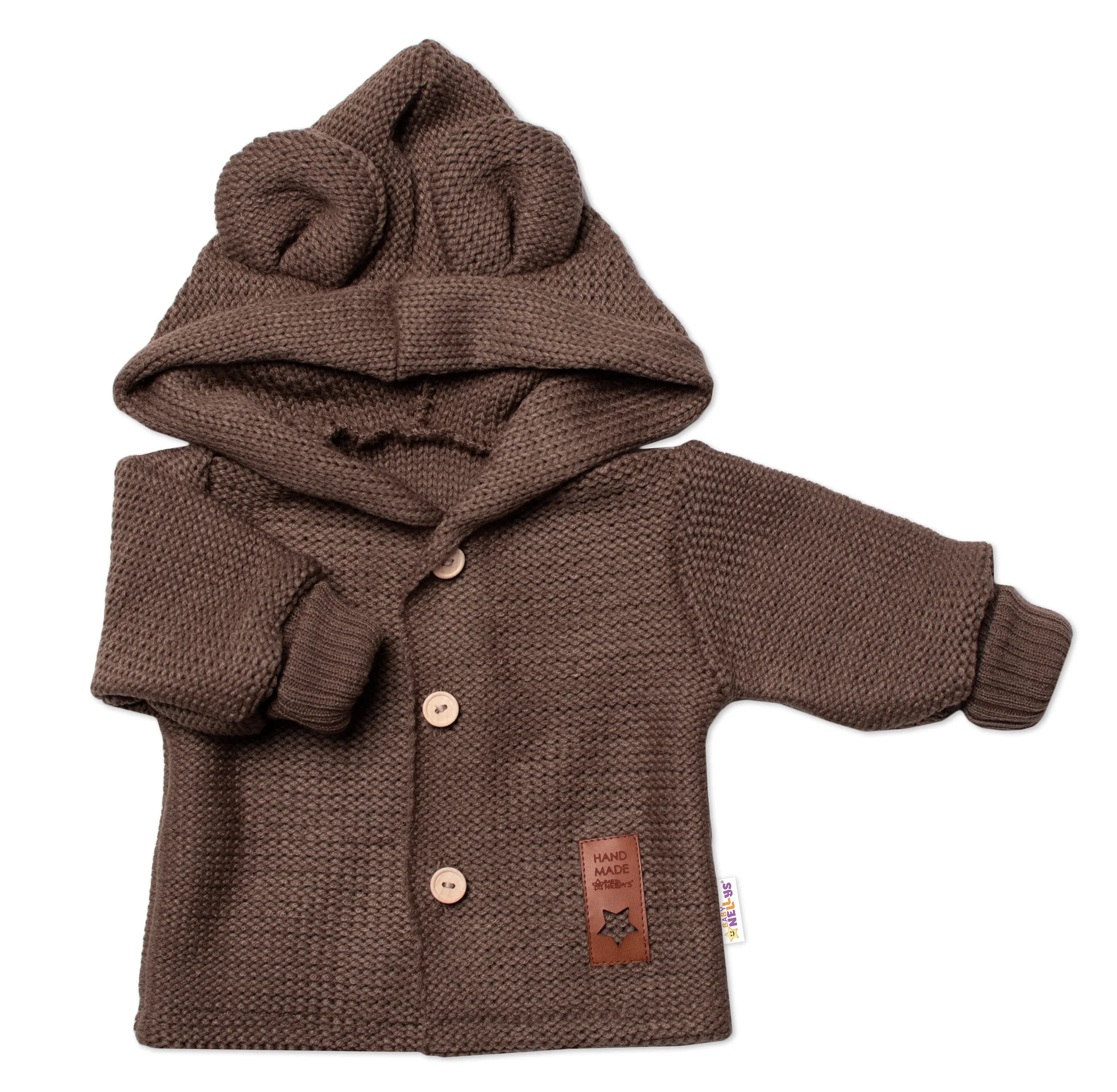 Baby Nellys Pletený svetřík s knoflíčky a kapucí s oušky, hnědý,68 