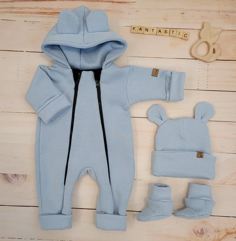 Kazum Oteplený dětský overal bez šlapek s kapucí, čepička + botičky, 3D,, modrý vel.  68