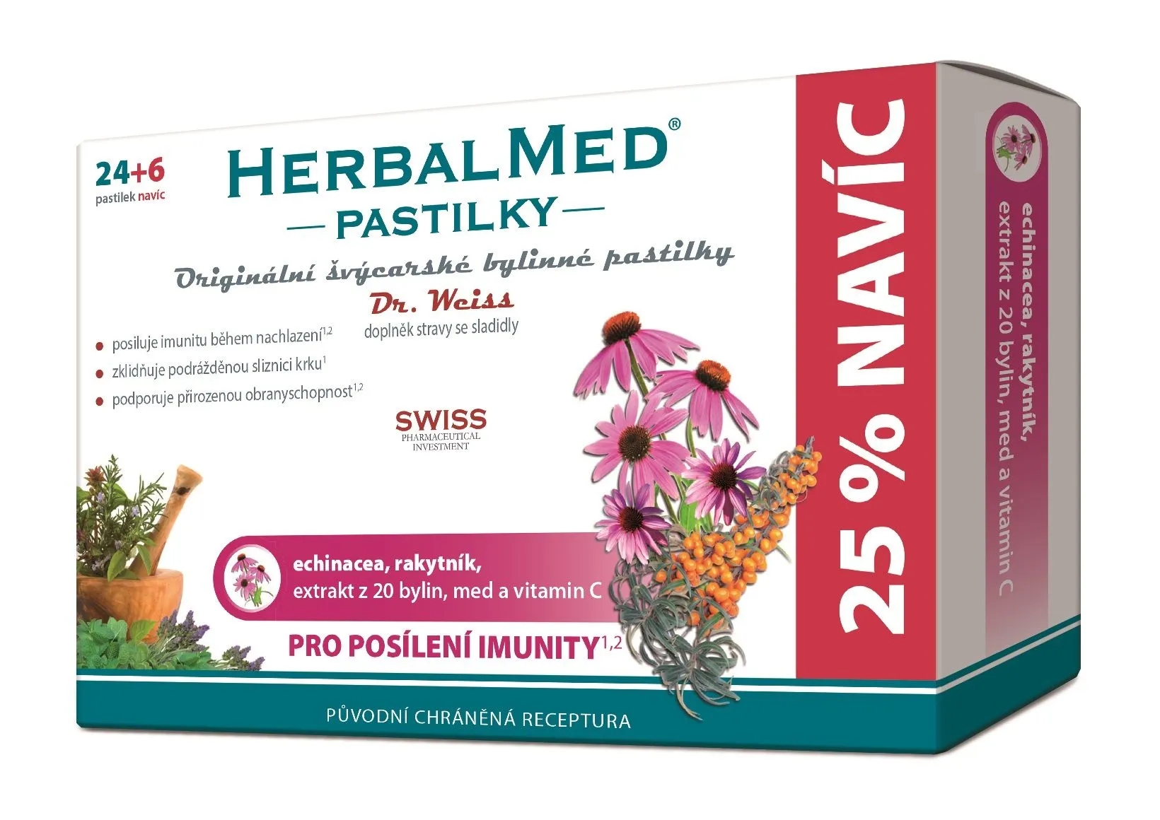 Dr. Weiss HerbalMed Echinacea + rakytník + vitamin C 24+6 pastilek