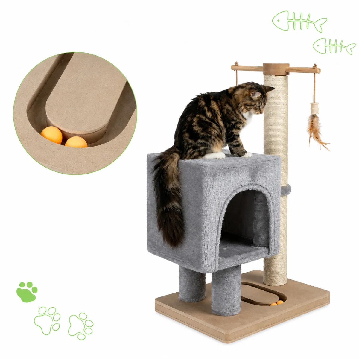 NELLYS Škrabadlo pro kočky Cat Tree 64 cm s úkrytem – MDF, sisal, plyš, světle šedá