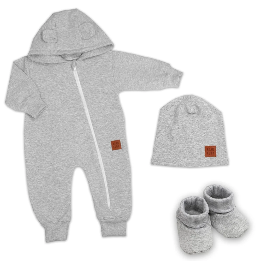 Baby Nellys Rostoucí teplákový overal pro miminko, čepice, botky, 3D, Nature - šedý melír