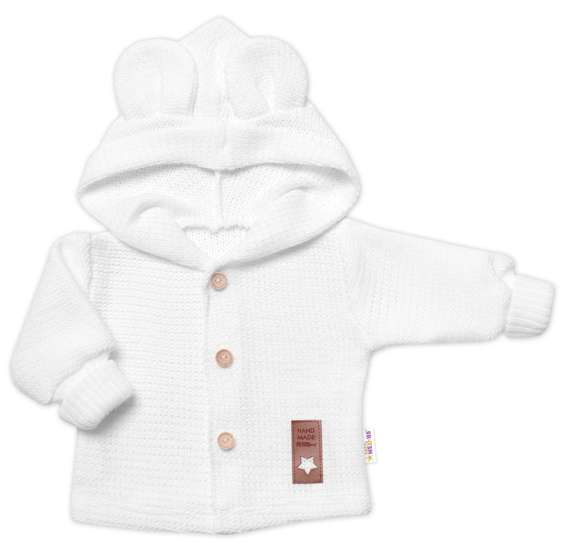 Baby Nellys Pletený svetřík s knoflíčky a kapucí s oušky, bíly,86 