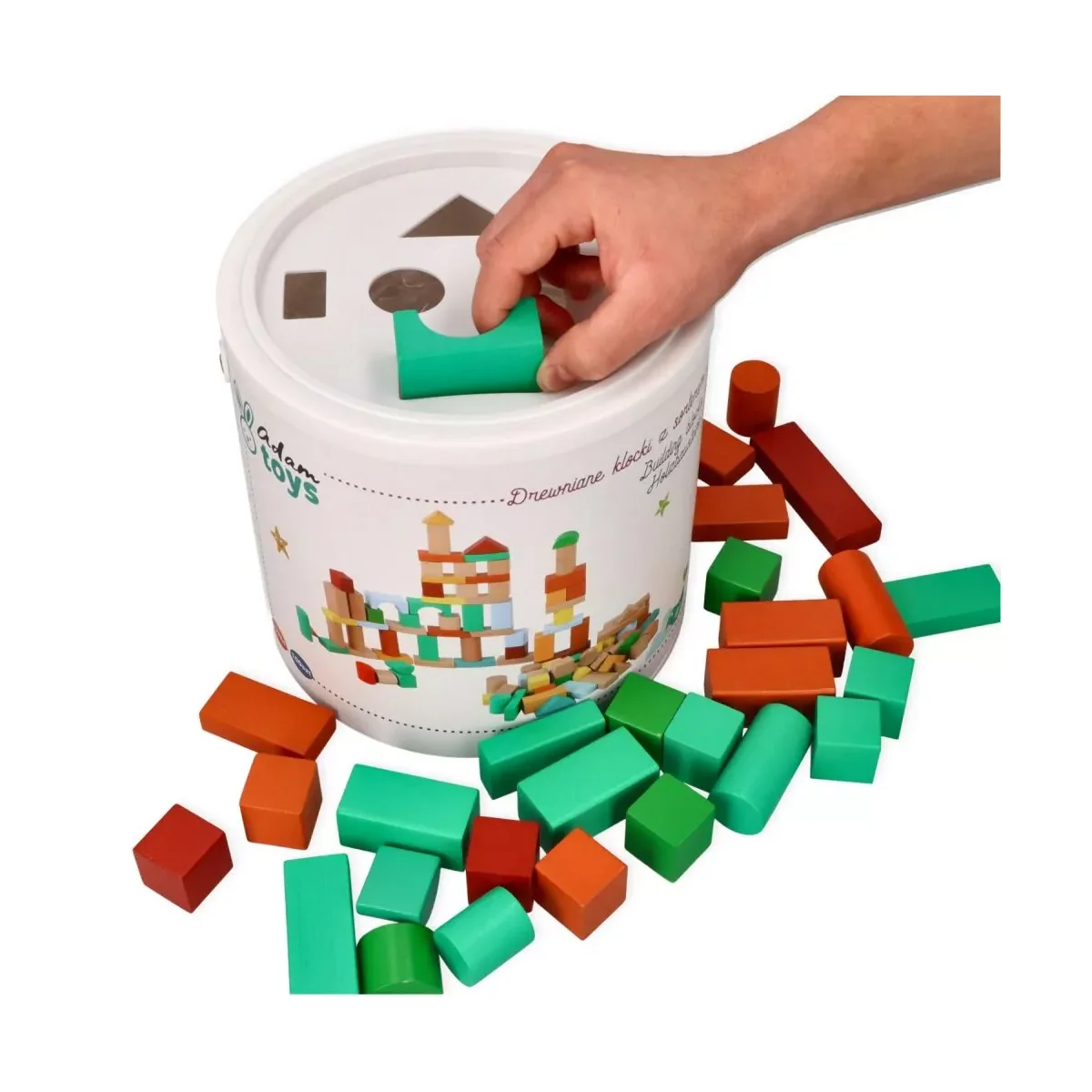 Adam Toys Dřevěné stavební kostky v kyblíku s vkládačkou, 100 ks