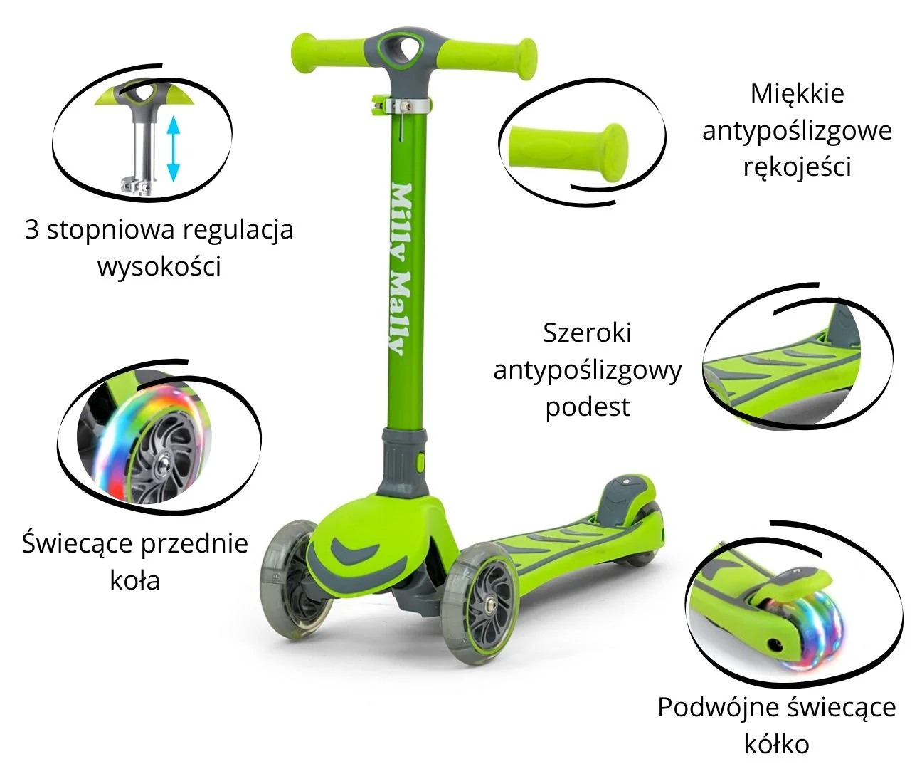 Milly Mally Dětská tříkolová koloběžka BOOGIE Scooter LED - zelená