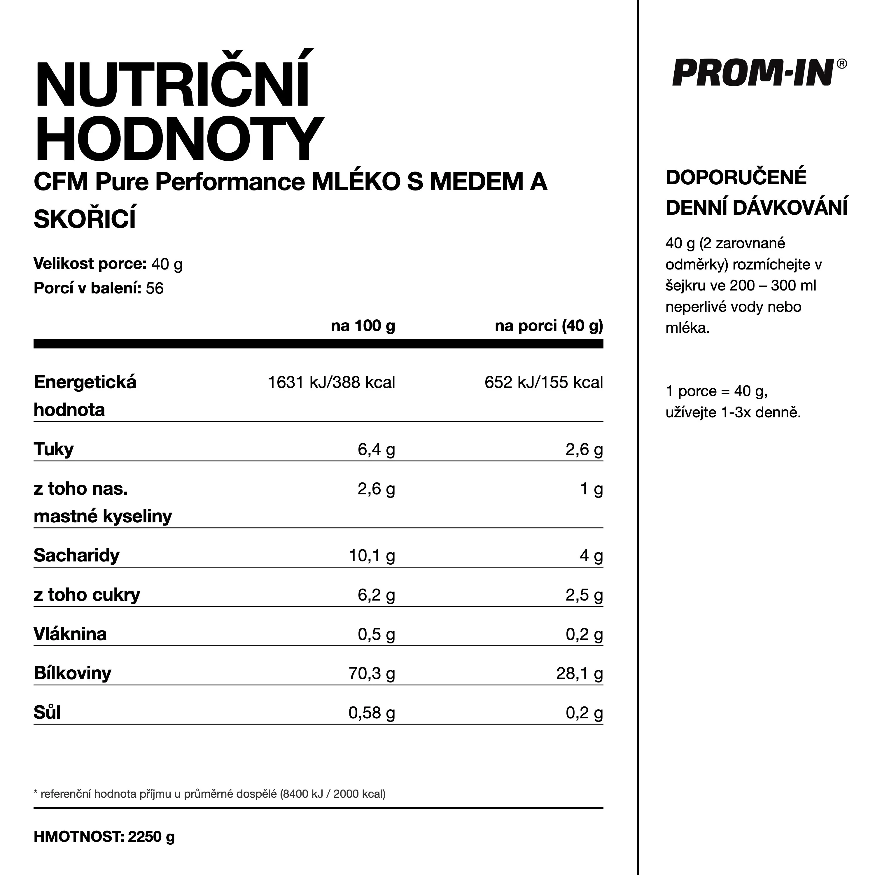 PROM-IN CFM Pure Performance Mléko s medem a skořicí 2250 g