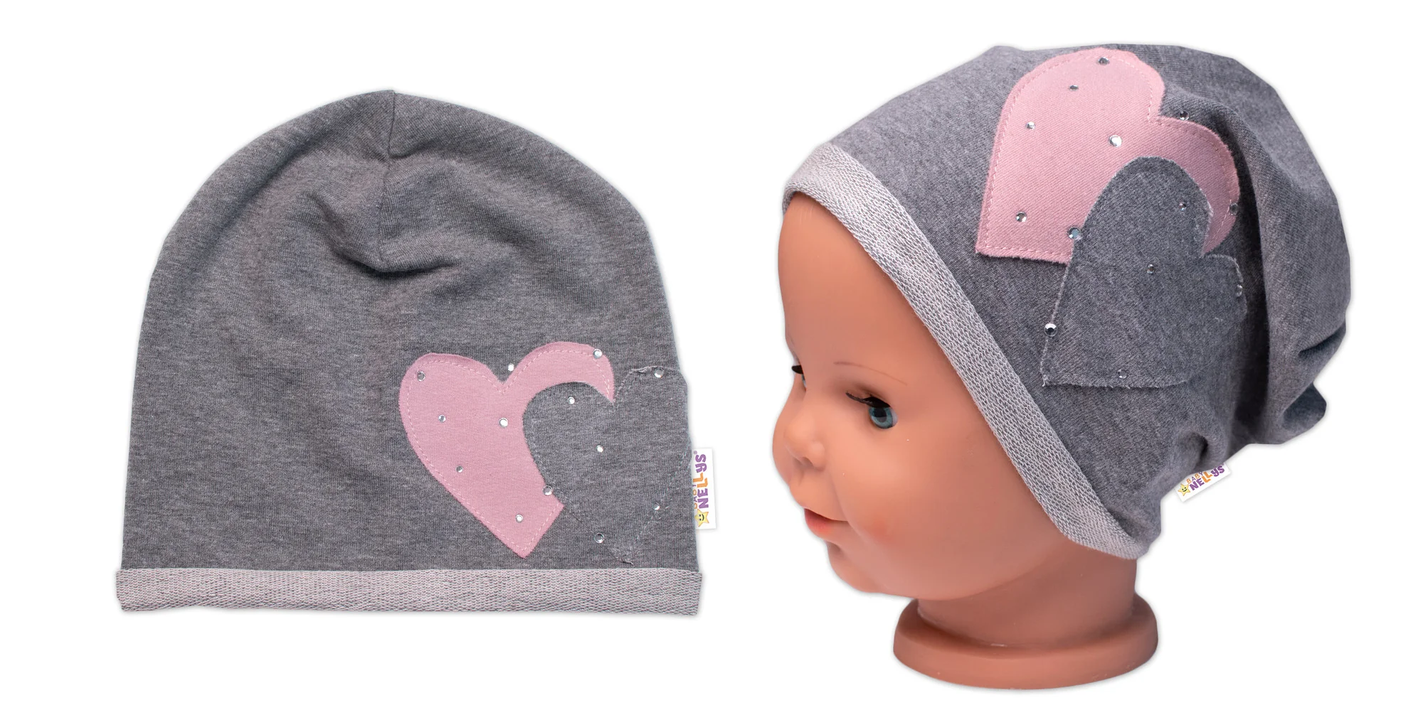 Baby Nellys Dětská čepice bavlna, Srdíčka s kamínky,  šedá