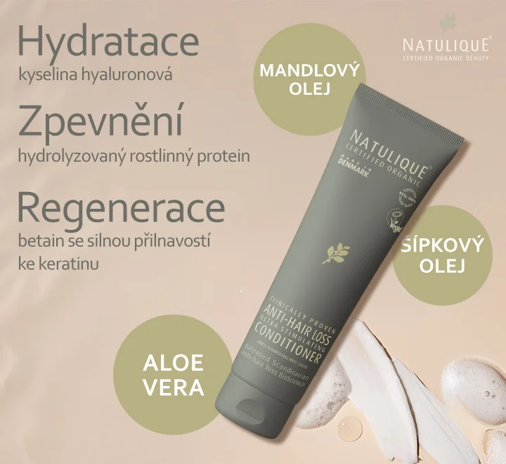 Natulique Anti-Hair Loss Conditioner. Hydratace – kyselina hyaluronová, zpevnění – hydrolyzovaný rostlinný protein, regenerace – betain se silnou přilnavostí ke keratinu Natulique Anti-Hair Loss Conditioner. Hydratace – kyselina hyaluronová, zpevnění – hydrolyzovaný rostlinný protein, regenerace – betain se silnou přilnavostí ke keratinu