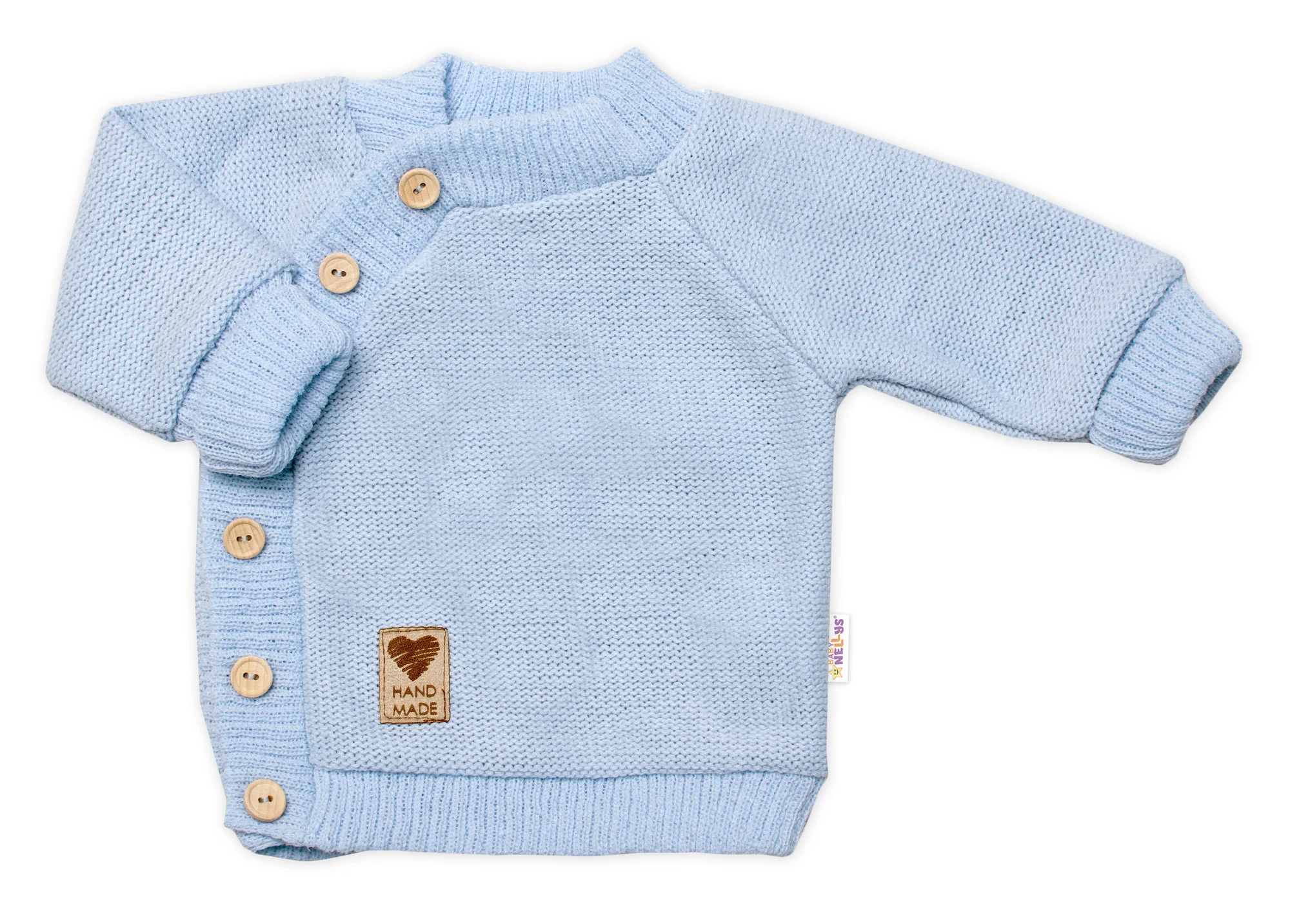 Baby Nellys Pletený svetřík s knoflíčky, zap. bokem, Hand Made, modrý,68/74