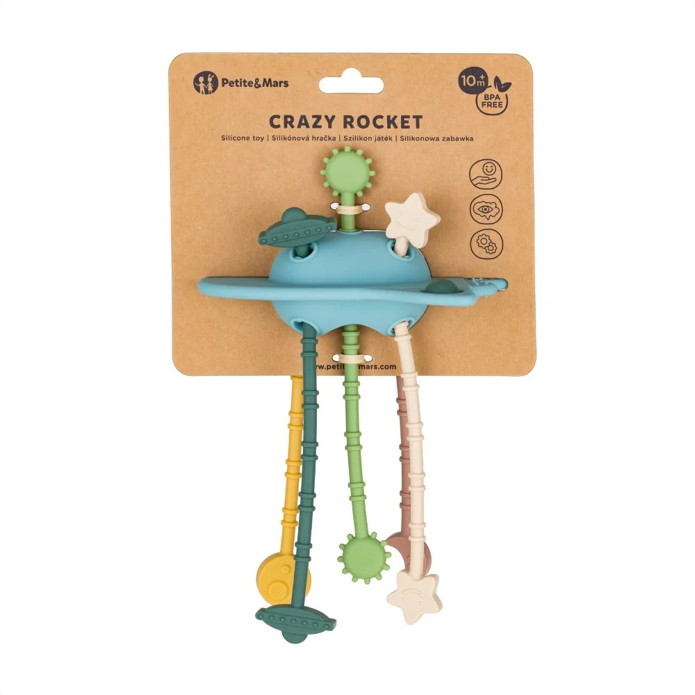 Petite&Mars Hračka silikonová senzorická Crazy rocket Frosted Sky 10m+