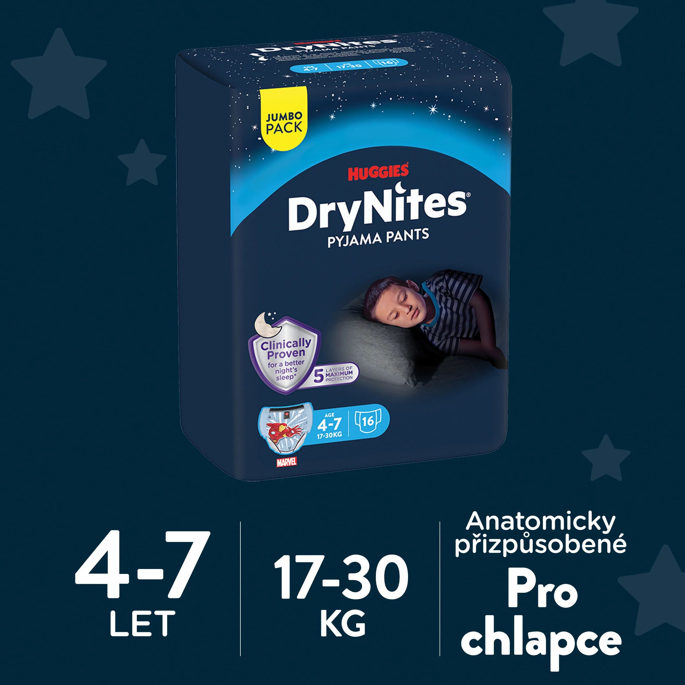 Huggies DryNites Natahovací kalhotky pro chlapce 4–7 let 17–30 kg JUMBO 4x16 ks