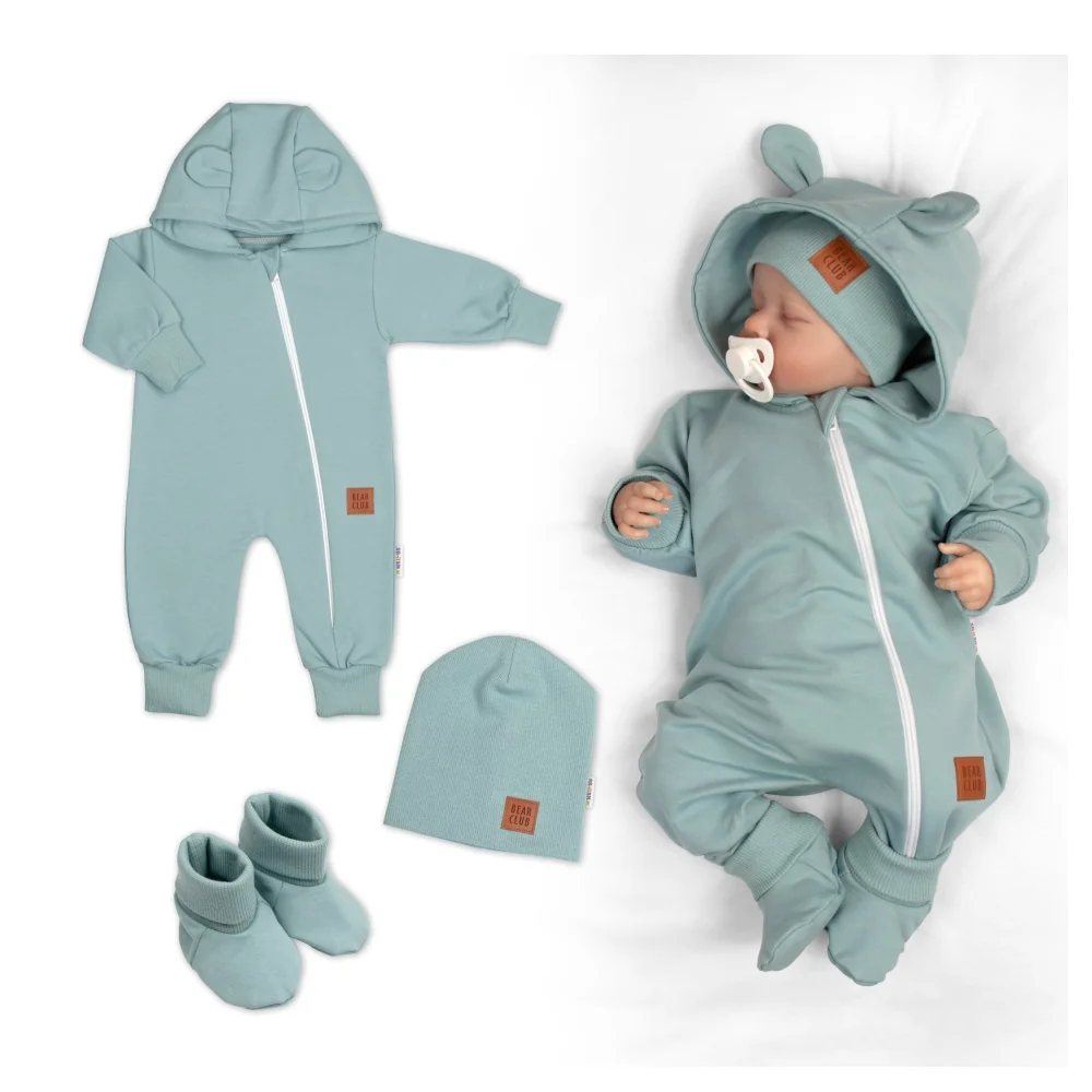 Baby Nellys Rostoucí teplákový overal, čepice, botky, 3D, Nature - ledově mátový, 56/62