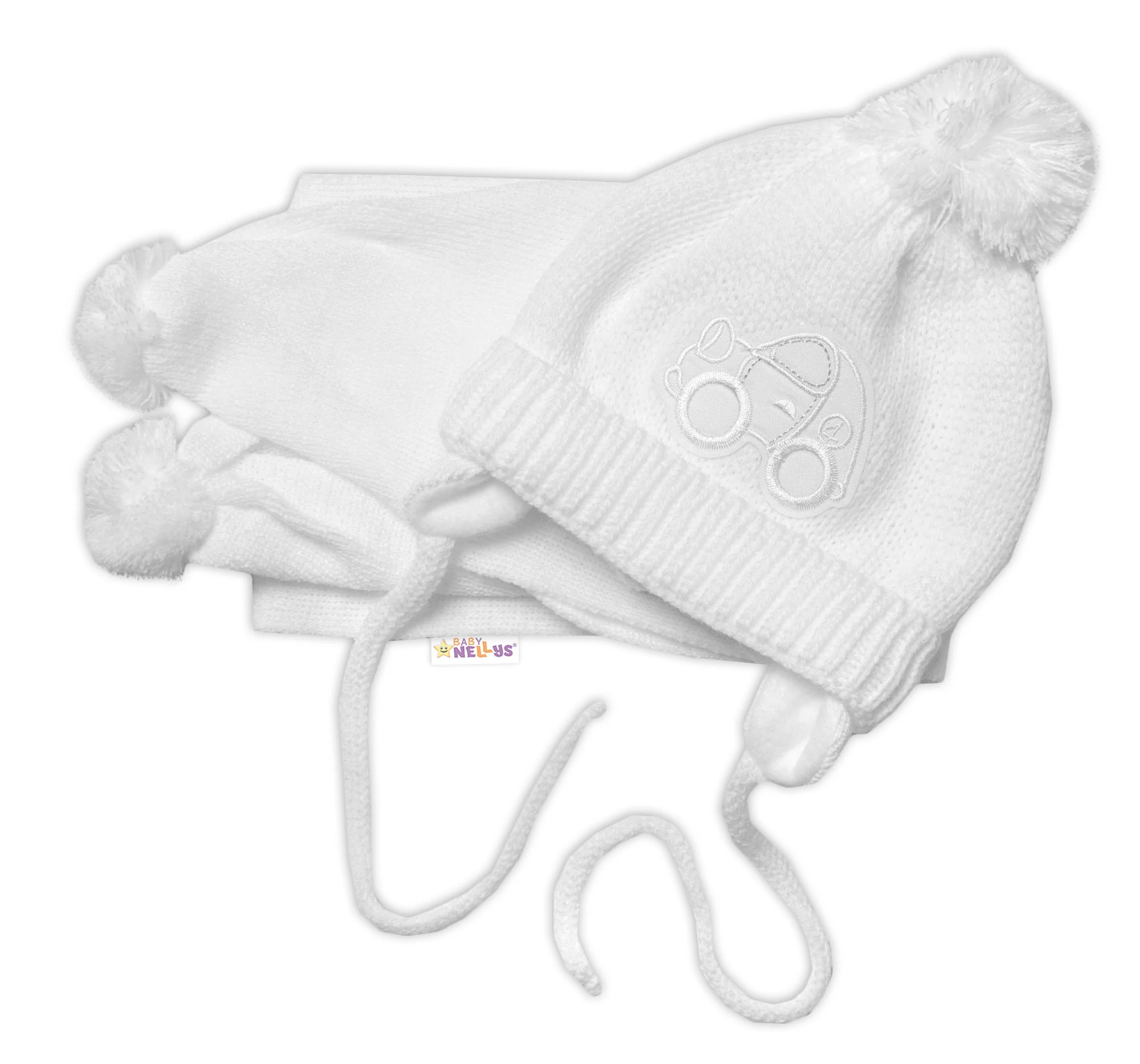 Baby Nellys Zimní čepička s šálou, 2D sada - Autíčko bílá, 0-6m 