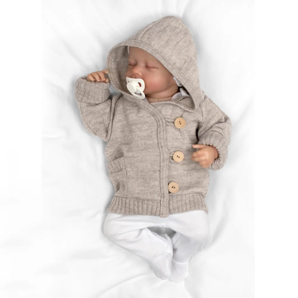 Baby Nellys Rostoucí pletený svetřík s kapucí, zapínání knoflíčky - béžový, vel. 68/74