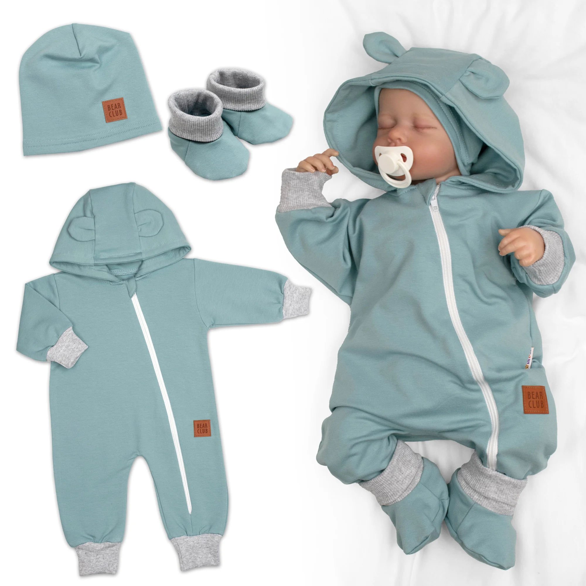 Baby Nellys Rostoucí overal pro miminko, čepice, botky, 3D, Nature - ledová máta, šedá