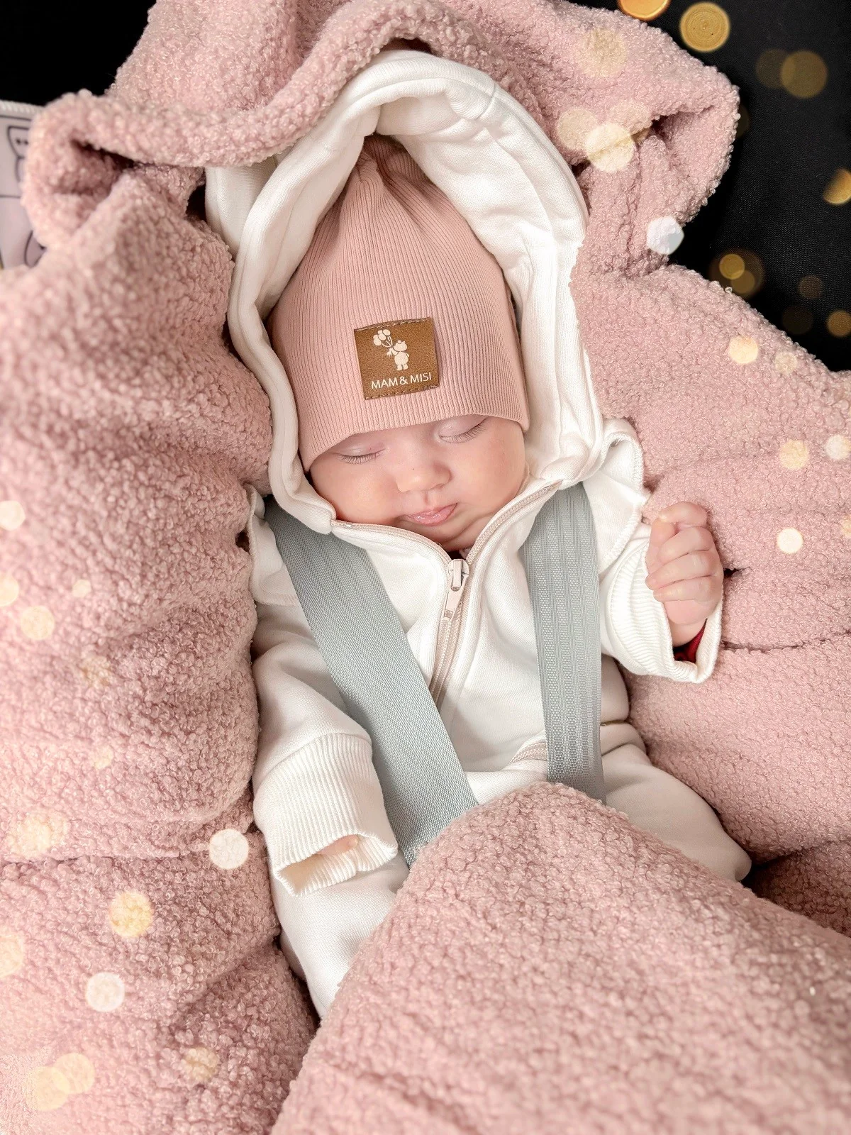 Baby Nellys Oteplený fusák, deka s kapucí do autosedačky Beránek- růžová
