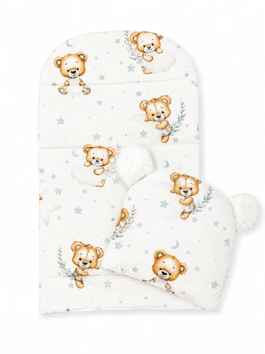 Baby Nellys Oboustranné hnízdečko, podložka + polštářek 3D,Sleepy Teddy, bílé