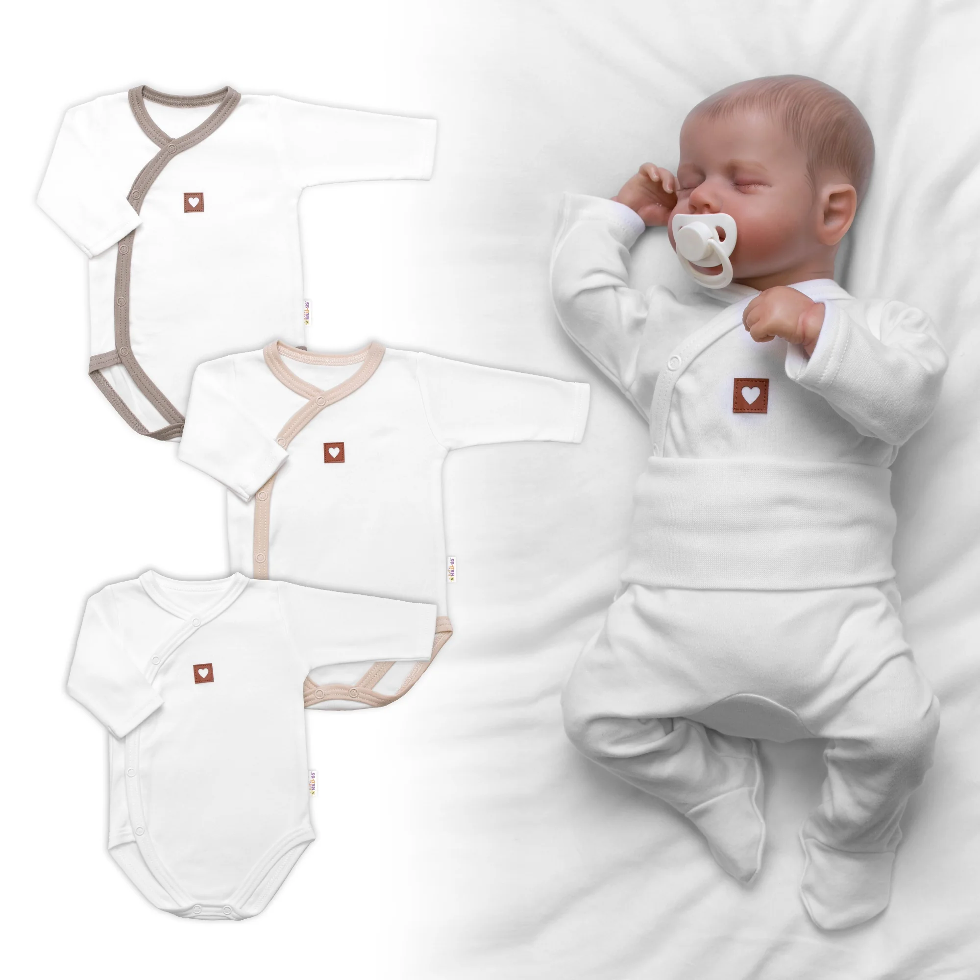 Baby Nellys Rostoucí výhodná sada, 3x Body zap. bokem Nature - béžová/taupe/bílá, vel. 62/68
