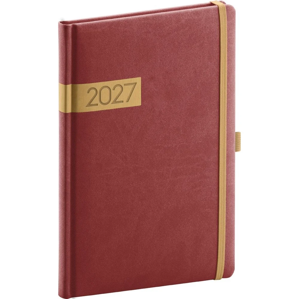 NOTIQUE Twill týdenní diář 2027, bordó-zlatý, A5 15 × 21 cm