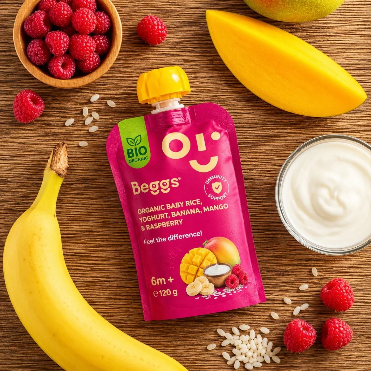 Beggs BIO Kapsička dětská rýže, jogurt, banán, mango, maliny 6m+ 120 g