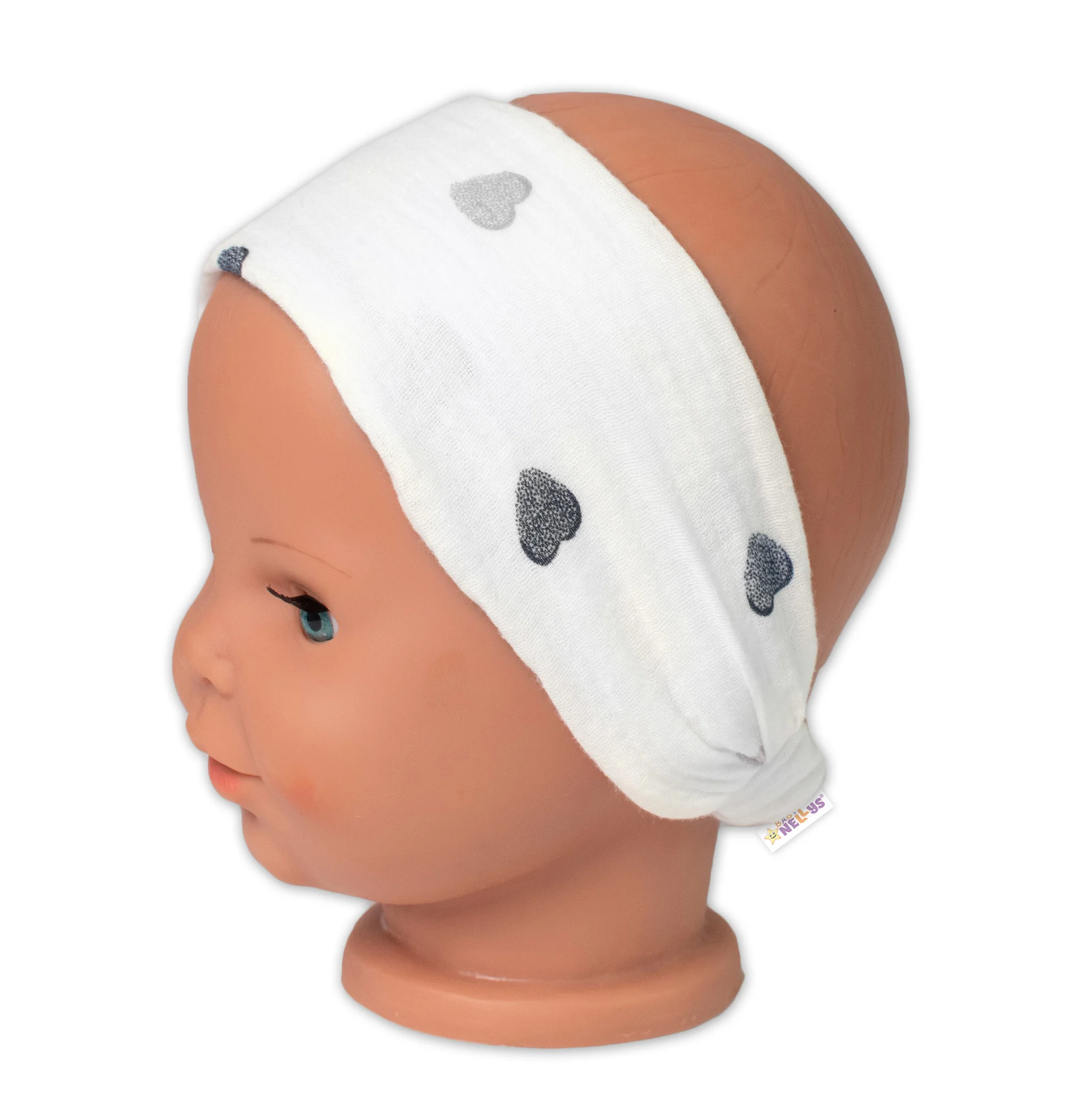 Baby Nellys Letní čelenka, bandana, mušelín, Srdíčka, smetanová vel. 104/110
