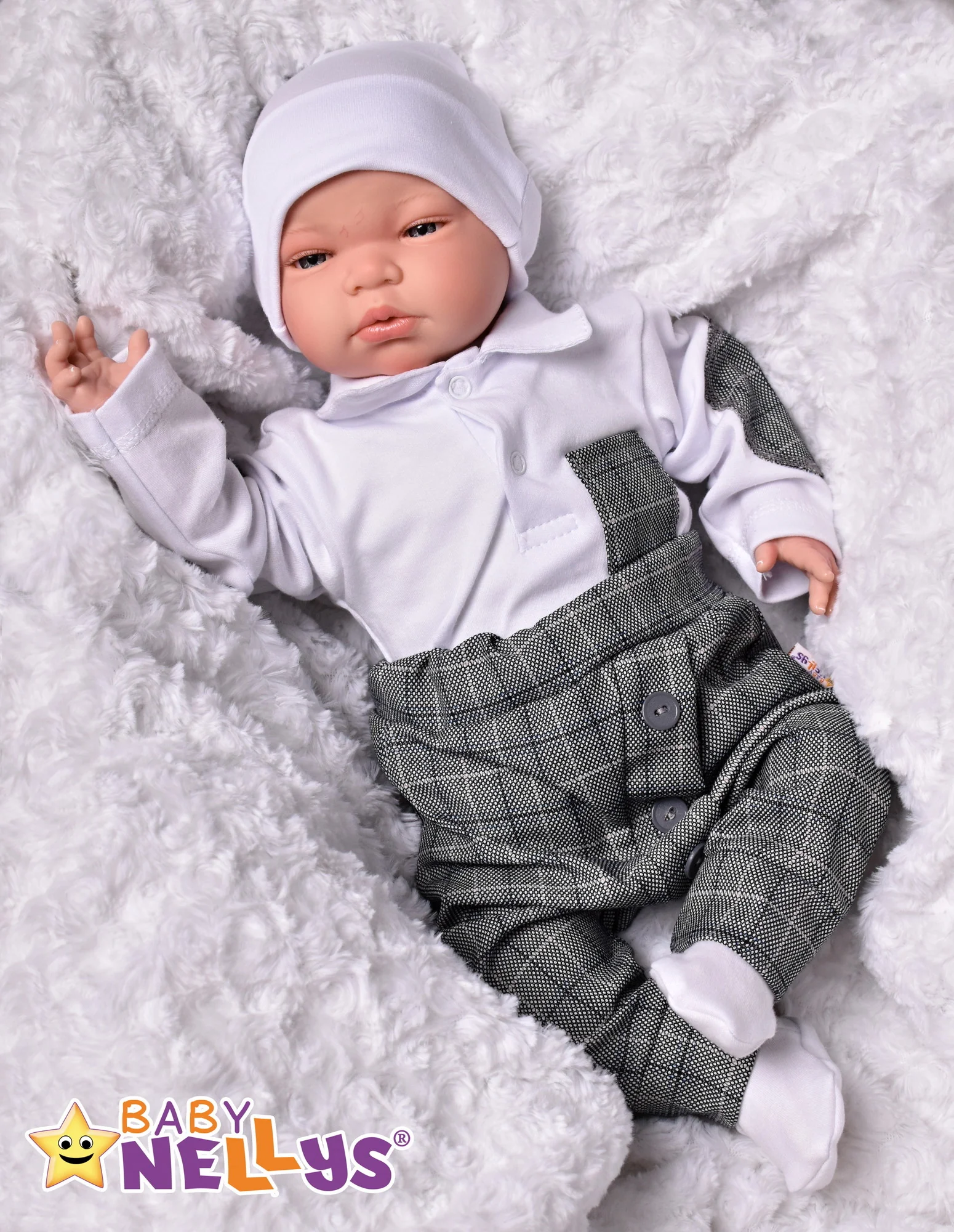 Baby Nellys 2-dílná sada Robert, body s límečkem, kalhoty Baggy - šedé kárko, vel. 80 vel. 80