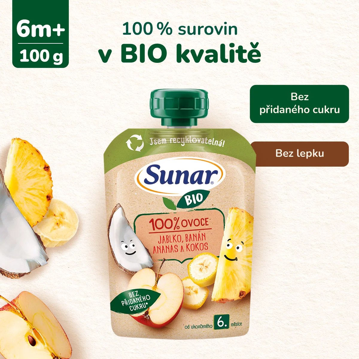 Sunar BIO Jablko, banán, ananas, kokos 6m+ kapsička 100 g