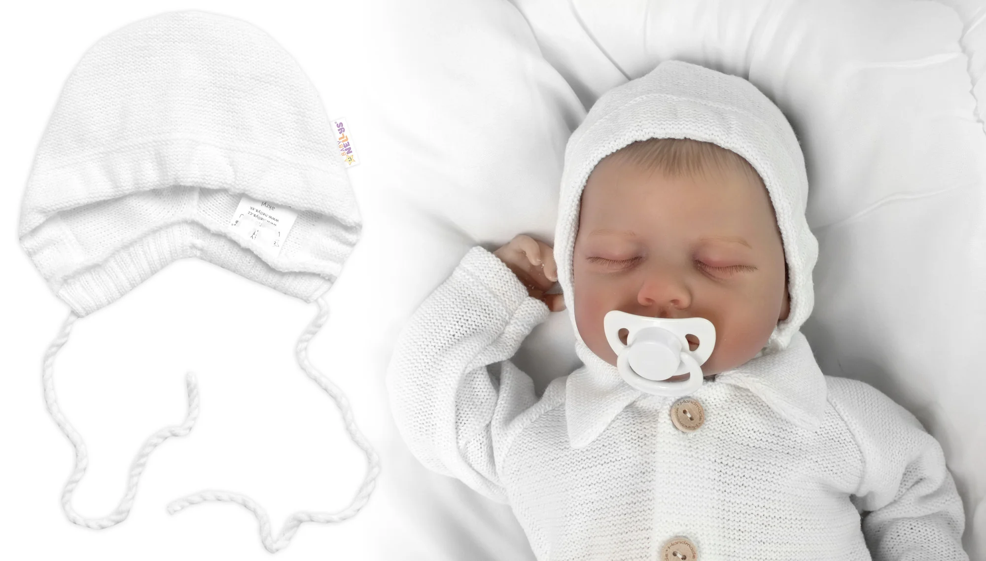 Baby Nellys Pletená čepička bonetka Boy, bílá, 68/74 
