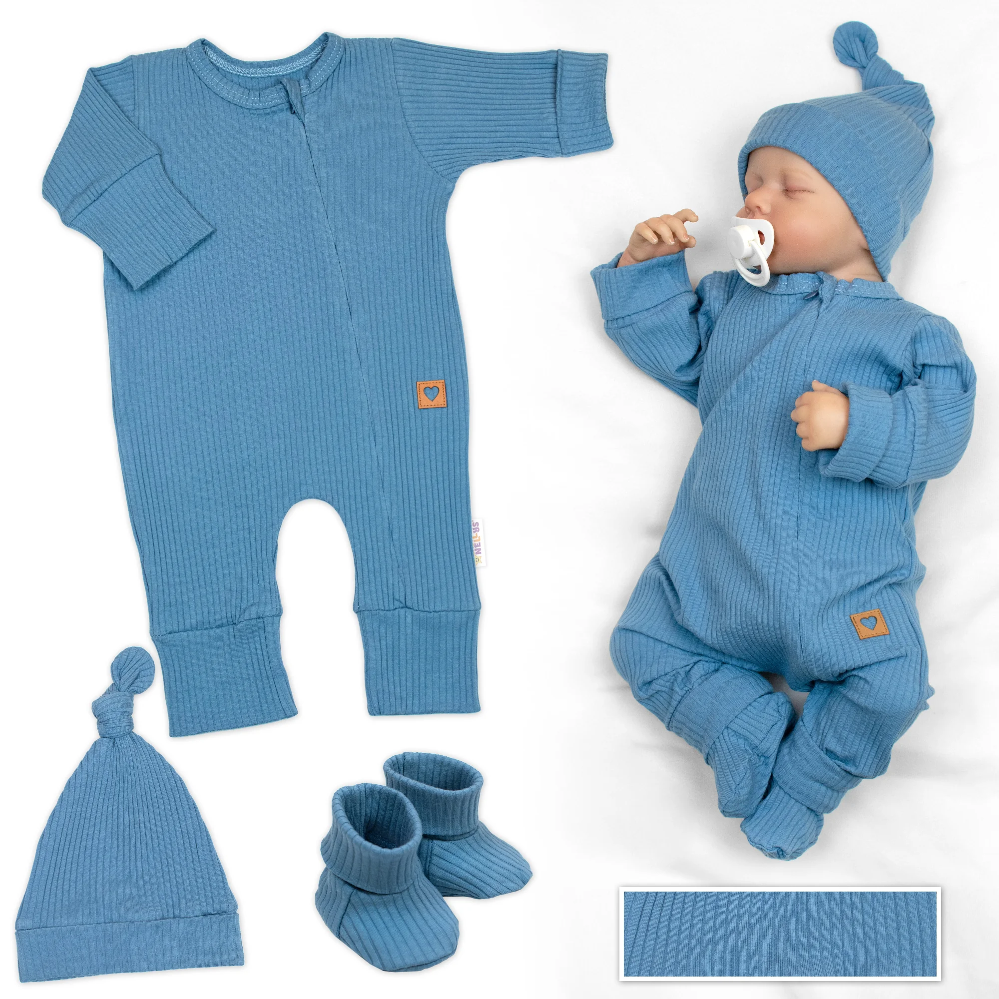 Baby Nellys Rostoucí žebrovaný overálek, čepička a botičky, 3D, Nature - jeans, 62/68