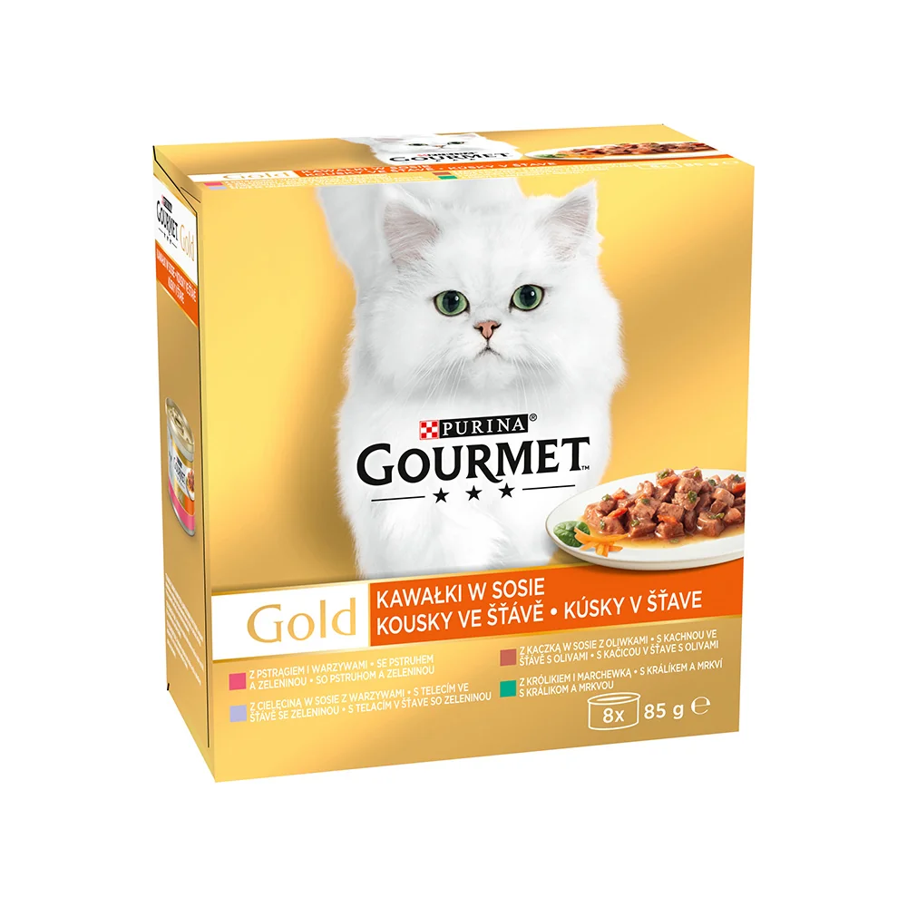 Purina Gourmet Gold kachna, pstruh, králík, telecí ve šťávě konzervy pro kočky 8x85 g
